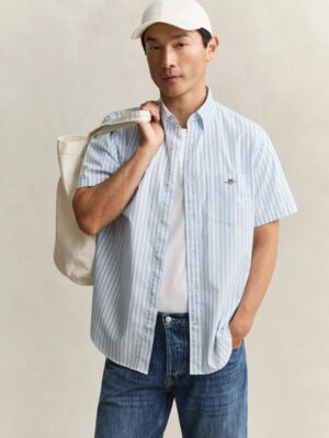 Gant Regular Fit Classic Poplin Stripe Short Sleeved Shirt- Sky Blue