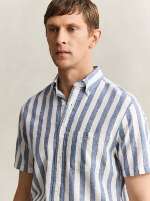 Gant Regular Fit Cotton Linen Stripe Short Sleeved Shirt-Vintage Blue