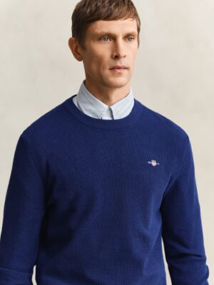 Gant Micro Textured Cotton Crew Neck Sweater - Rich Navy