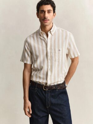 Gant Regular Fit Cotton Linen Stripe Short Sleeved Shirt-Oat Beige