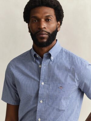 Gant Regular Fit Classic Poplin Gingham Short Sleeved Shirt- College Blue