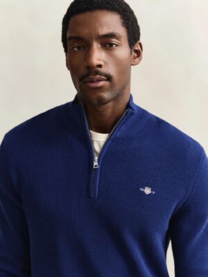 Gant Micro Textured Cotton Half Zip Sweater -Rich Navy