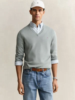 Gant Classic Cotton V Neck Sweater - Ceramic Grey