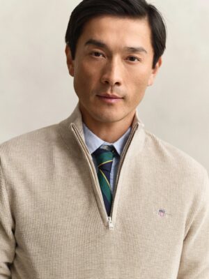 Gant Micro Textured Cotton Half Zip Sweater - Oat Melange