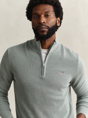 Gant Micro Textured Cotton Half Zip Sweater - Ceramic Grey