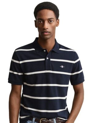 Gant Striped Short Sleeved Polo- Evening Blue